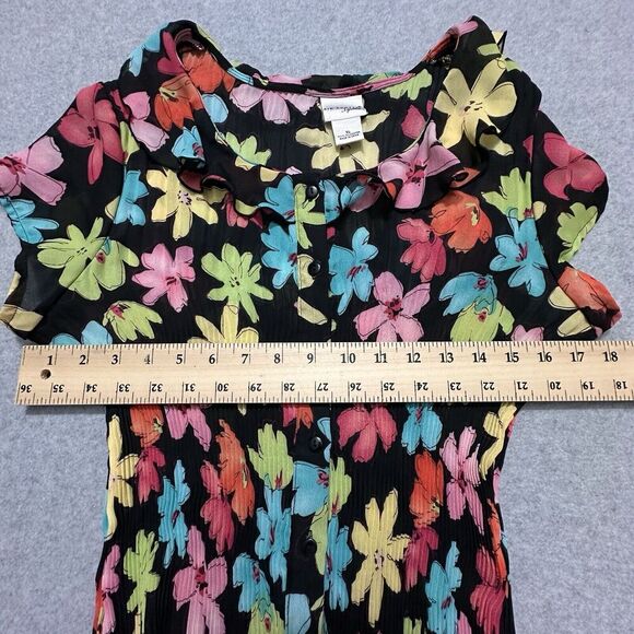Vintage Funky Women Top XL Black Bright Floral Micro Pleat Crinkle Retro Mod Y2K - Picture 9 of 14